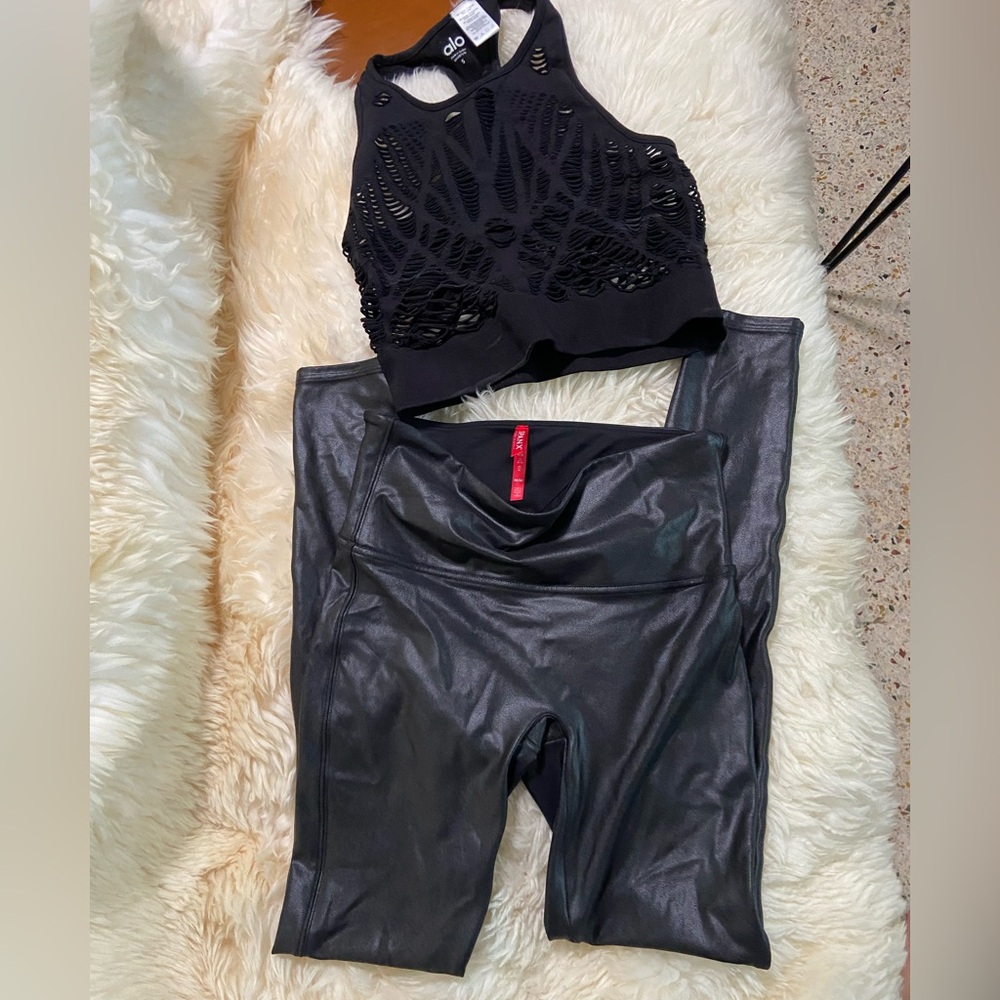 Spanx workout leggings outfit with ALO vixen cutout crop top